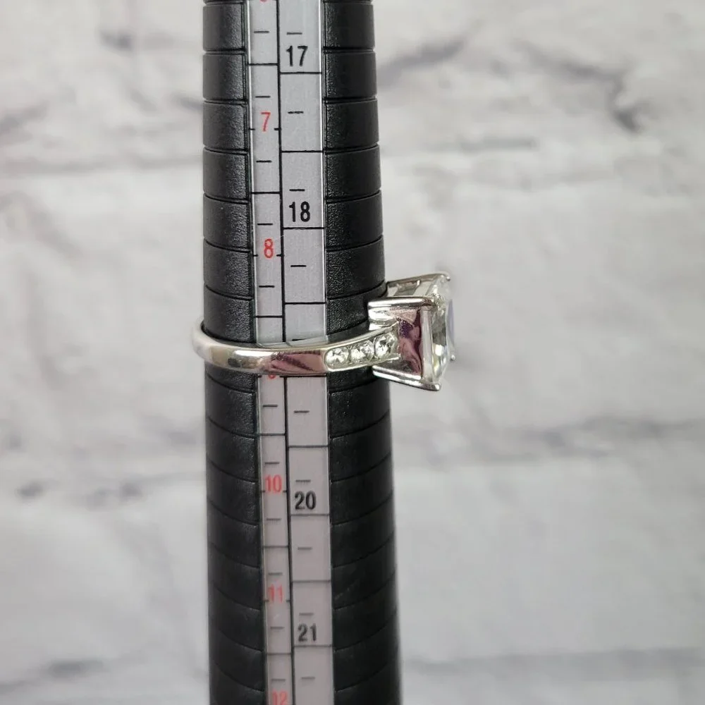 Sparkling Silver 4ct Princess Cut w/ Round Side Stones CZ Engagement Ring, Sz 9 - Picture 14 of 14